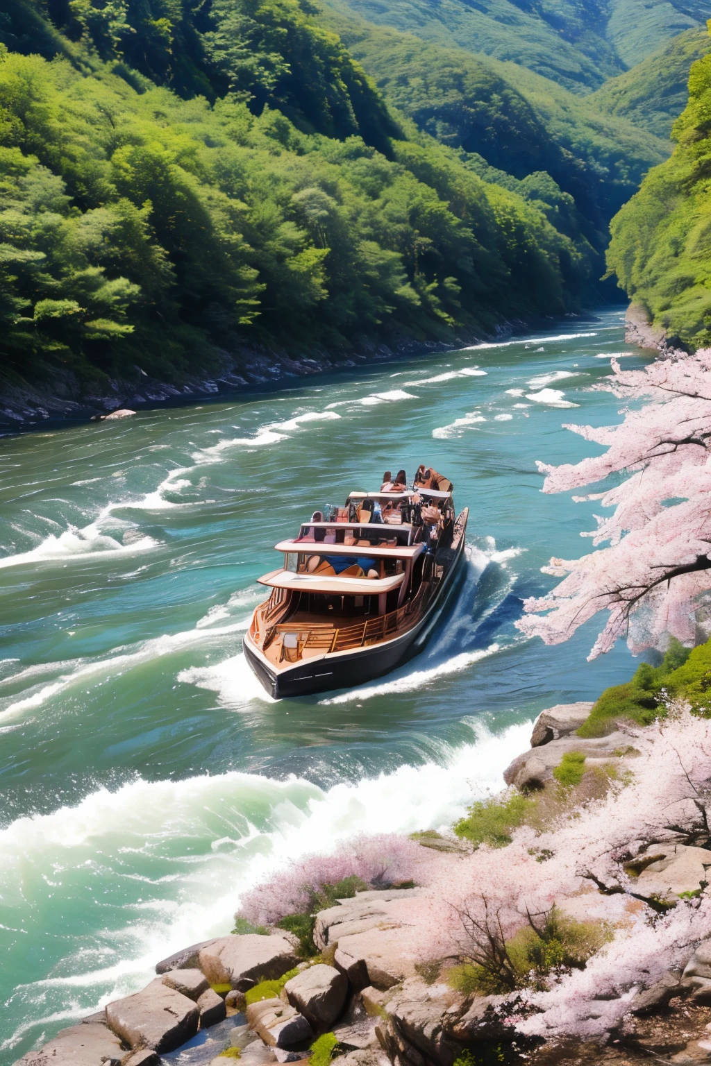 「Hozugawa River Cruise」teeth、This is a tourist activity where you can enjoy the beautiful scenery dotted with rapids and huge rocks.。春teeth桜、Close-up、Splash。