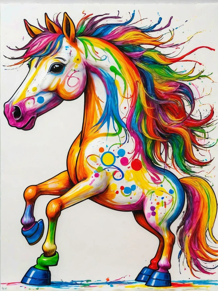 Drawing by Takashi Murakami and Peter 5 year olds scribble drawing of Horse, messy, crayons on white construction paper, not good, full body drawiing, unfinished, 4K, octane render
