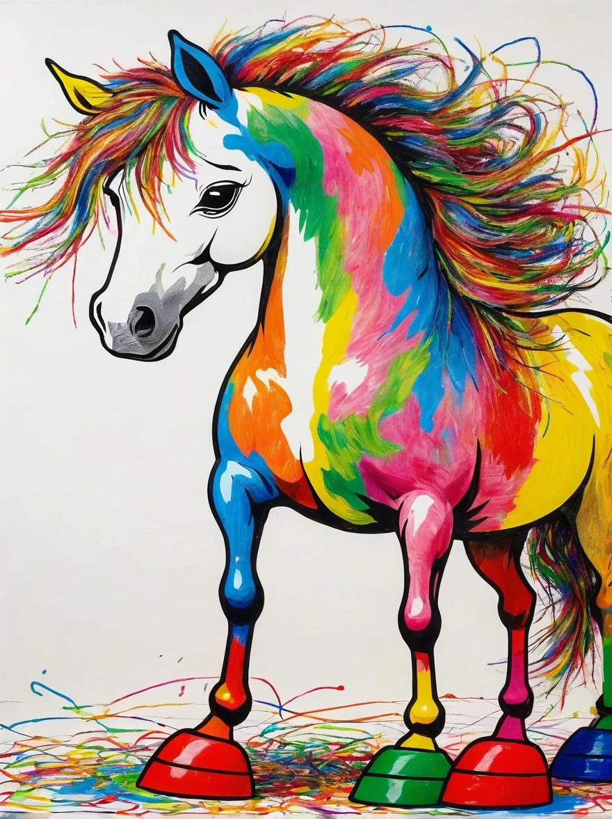 Drawing by Takashi Murakami and Peter 5 year olds scribble drawing of Horse, messy, crayons on white construction paper, not good, full body drawiing, unfinished, 4K, octane render