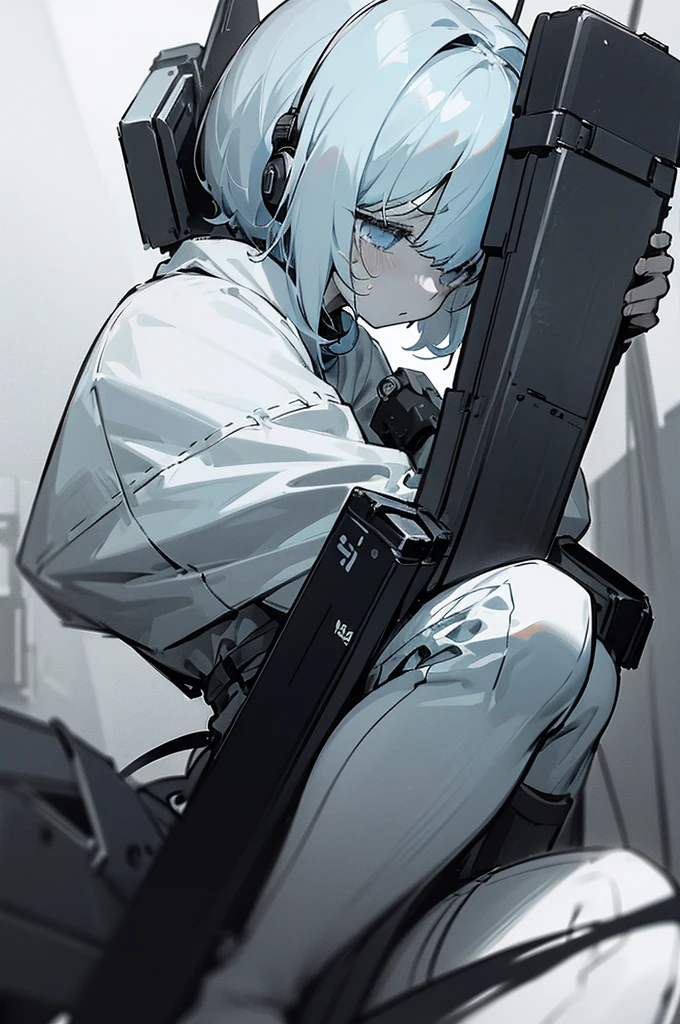 arm enterprise、Information Department、Observer、Non-combatant、Girl、、cute、Poor thing、weak々Shii、tears、introverted personality、Cowardice、be scared、sense of urgency、Modern weapons、Modern Arms、headphone、transceiver、Carrying communication equipment、Black theme、grayscale、Light blue accent color、High Contrast