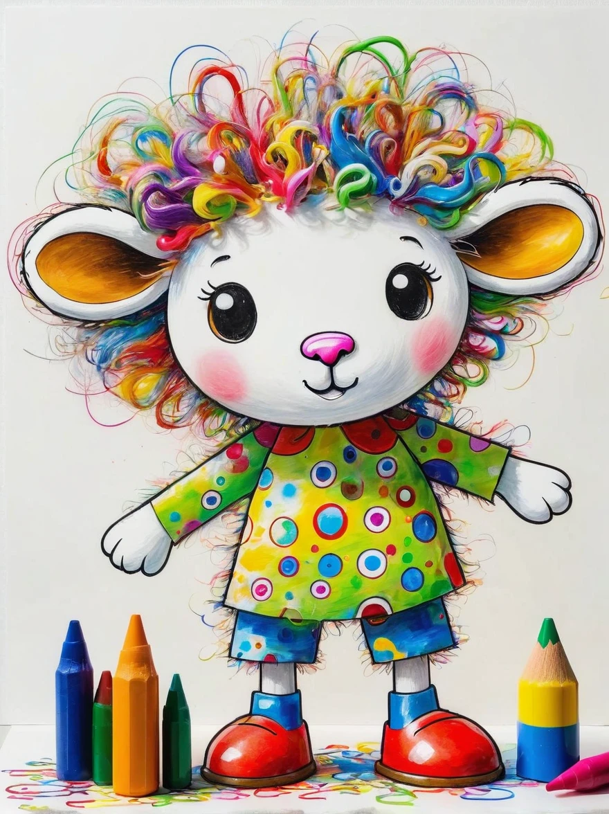 Drawing by Takashi Murakami and Peter 5 year olds scribble drawing of sheep, messy, crayons on white construction paper, not good, full body drawiing, unfinished, 4K, octane render