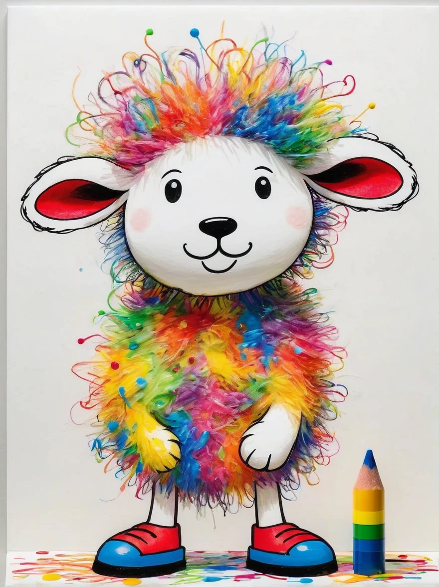 Drawing by Takashi Murakami and Peter 5 year olds scribble drawing of sheep, messy, crayons on white construction paper, not good, full body drawiing, unfinished, 4K, octane render