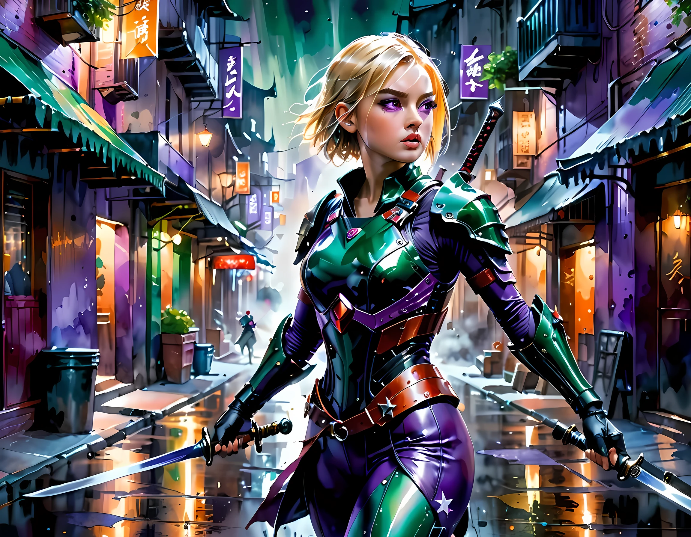 traditional watercolor painting, high details, best quality, 16k, [ultra detailed], masterpiece, best quality, (extremely detailed), full body, ultra wide shot, photorealistic, a picture of a woman assassin ready to combat in a dark alley, she holds a sword in hand, exquisite beautiful woman, she has pixie cut blond hair, emerald green eyes, she wears a (purple: 1.3) (tight leather suit: 1.4), the suit has mecha gadgets, dynamic color suit, she kneels in fantasy dark street of fantasy setting city, its night time, the moon is high in the sky, many stars in the night, high details, best quality, highres, ultra wide angle, DonMN1gh7XL, cybrk