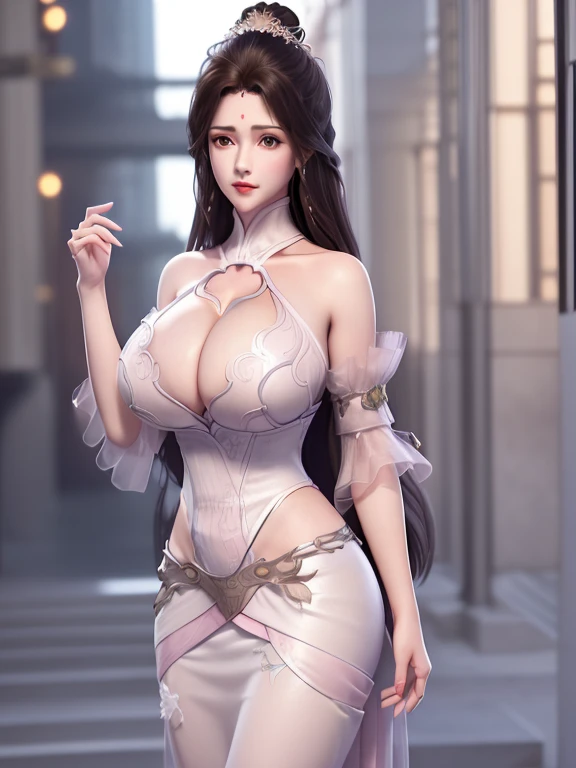 1 Girl, Become a,( (((Large Breasts、Breast sagging、Low-cut，Cleavage ，Wide hips,)))((Long legs)),Hourglass figure))), Long skirt, city View, looking at the audience, Separate sleeves, Hair accessories,Forehead Mark,Cowboy shooting,High Ponytail, Metal trim,OK,transparent, miniskirt, Sexy, Female genitalia