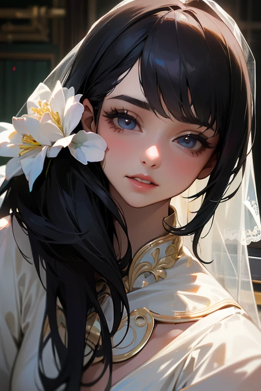 (Highest Resolution, clear_image) highest quality, Single person, One woman, alone, masterpiece, Very detailed, Semi-realistic, Black Hairのショートヘア, Black Hair, bangs, 18-year-old, mature, Wedding dress、Indoor Background, kind, Authoritative, Powerful, exquisite features, exquisite features、Eyelashes become longer、Showing teeth、woman&#39;Fingers in the、Sleeping on the sofa、Long Hair、Fluttering in the wind、