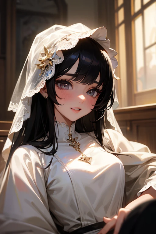 (Highest Resolution, clear_image) highest quality, Single person, One woman, alone, masterpiece, Very detailed, Semi-realistic, Black Hairのショートヘア, Black Hair, bangs, 18-year-old, mature, Wedding dress、Indoor Background, kind, Authoritative, Powerful, exquisite features, exquisite features、Eyelashes become longer、Showing teeth、woman'Fingers in the、Sleeping on the sofa、Long Hair、Fluttering in the wind、