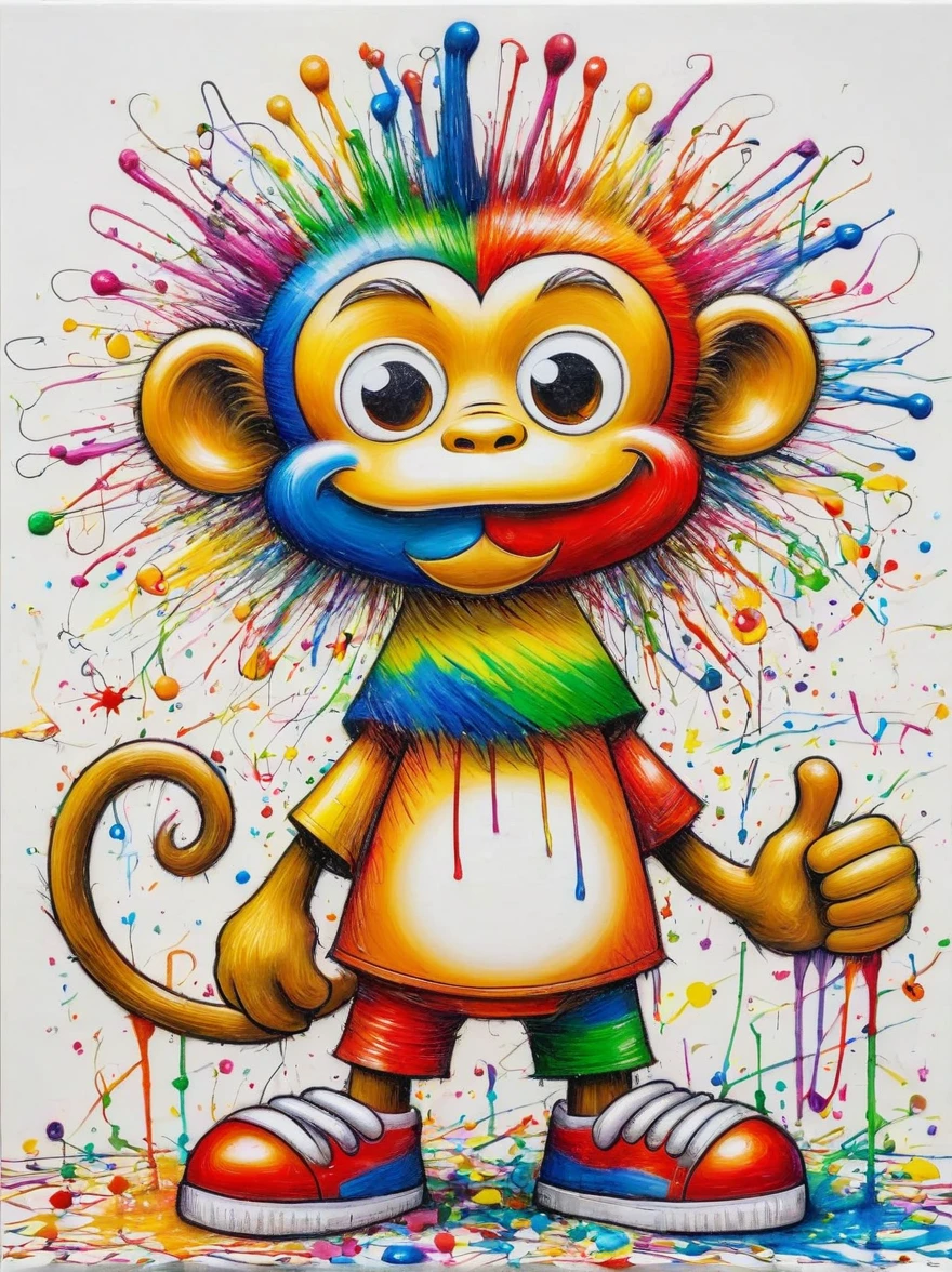 Drawing by Takashi Murakami and Peter 5 scribble drawing of monkey, messy, crayons on white construction paper, not good, full body drawiing, unfinished, 4K, octane render