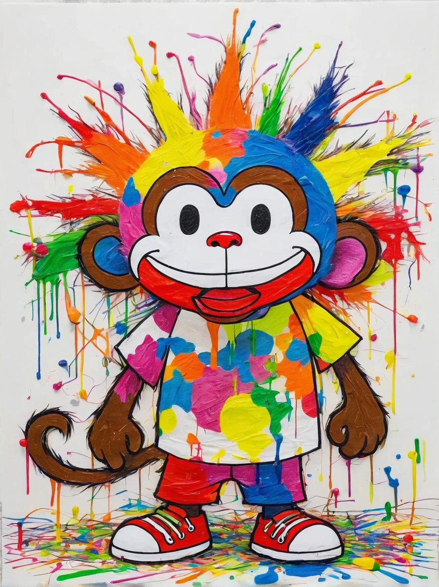 Drawing by Takashi Murakami and Peter 5 year olds scribble drawing of monkey, messy, crayons on white construction paper, not good, full body drawiing, unfinished, 4K, octane render