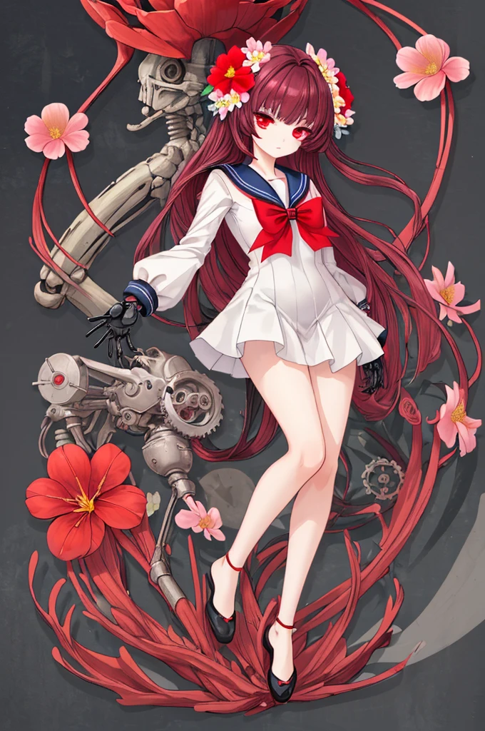 (((Flower Personification,mechanical))),woman,Red eyes,Sailor suit
