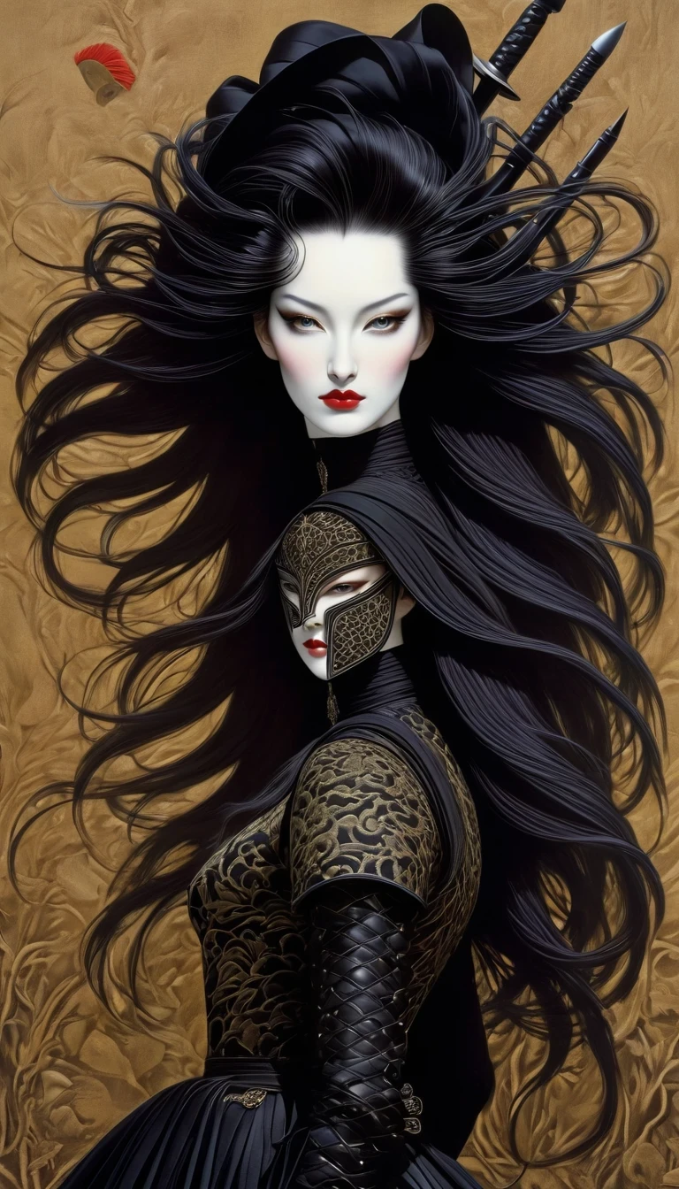 Avant-garde and elegant female warrior in tight combat uniform,(whole body),Serge Lutens is known for his avant-garde elegance。His works continue to transcend the boundaries of traditional aesthetics,Combining elements of surrealism and futurism,While maintaining elegance。Lots of different weapons,Sophisticated yet provocative,background:battlefield