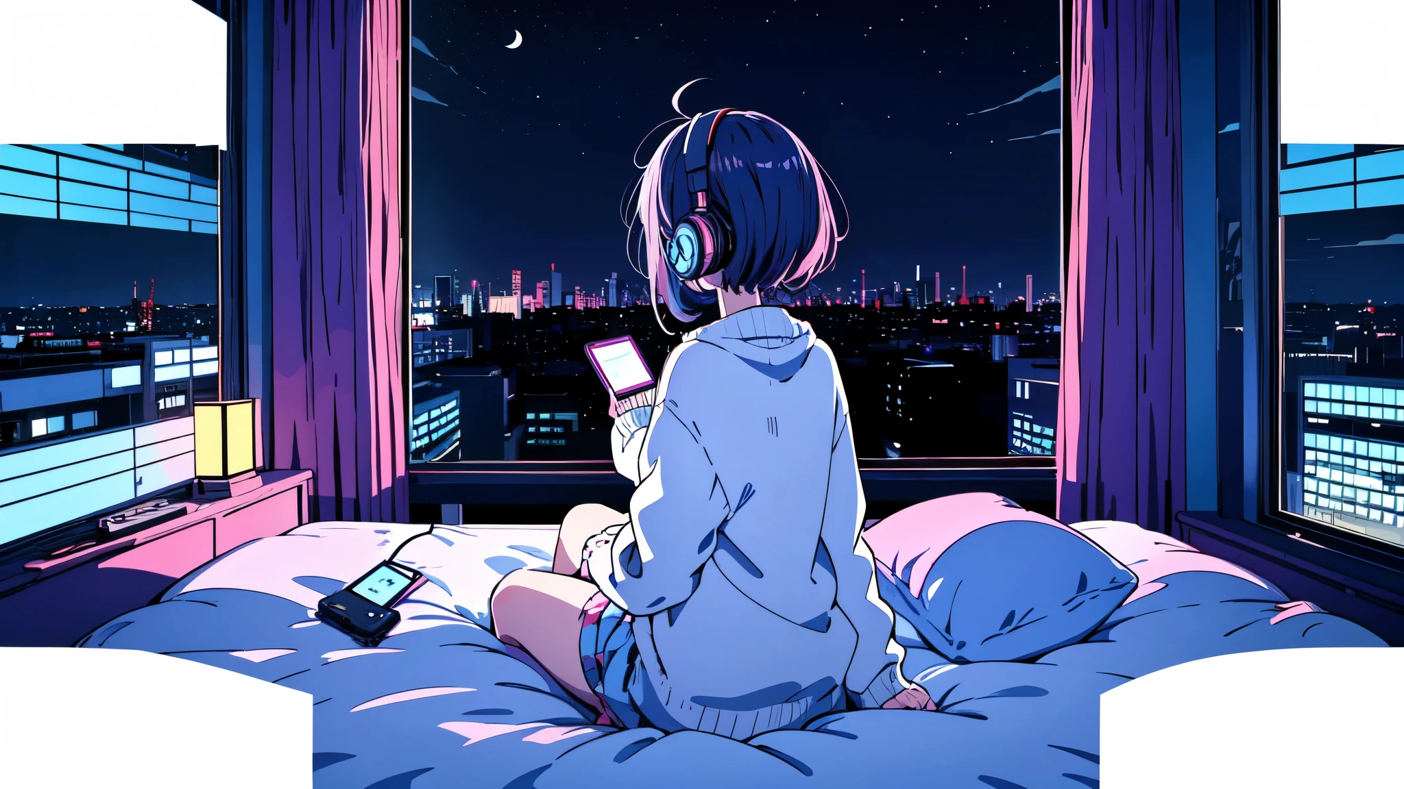 Ultra wide angle, (from behind), Girl listening to music with headphones on bed, anime girl, Girl listening to music in a cozy room (night), Using headphones, on the roof, (beautiful night views from windows), Lots of things, 2D anime style, The aesthetics of anime in the 90s, lo-fi, very detailed, hard disk, A mix of anime style and Fujifilm, surreal, 8K, masterpiece