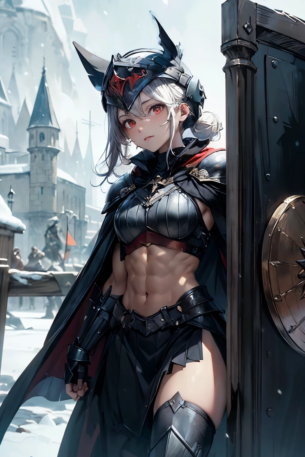 highres, ((masterpiece)), ((4k)), best quality:1.2, cinematic lighting:0.9, amazing shadows, caravaggio style shadowing, ((amazing perspective:1.2)), BREAK (dark, snowy village), dark ambiance, fantasy art, official game art, concept art:1.2 BREAK (red eyes), solo, 1girl, short, 20 year old girl, perfect face, noble and worried expression, shadow on eyes, pale skin, (white hair), (short bun haircut), ((morion helmet with rim)), ((neck armor)), (fantasy medieval clothes), (small black tube top), ((belly showing)), (6 pack abs), athletic build, ((large black cloak)), ((cloak extends to ground)), (shoulder armor), armored gauntlets, (holding talhoffer shield:1.6), shield in left hand, magic lightning in right hand, black mini-skirt, long back skirt, armored boots, full-body portrait, standing, (no horns), ((zoom out)), muscular legs