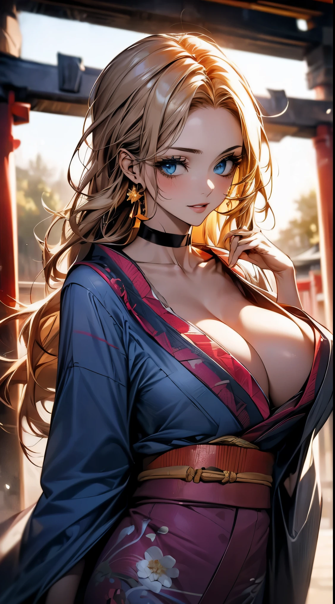 ((Light brown long hair:1.9, Wavy Hair:1.6, Asymmetrical Hair:1.8, Half Up Hair)), (Sparkling Blue Eyes:1.4)beautiful, beautiful woman, Perfect Anatomy, Perfect body, Perfect breasts, (huge Breasts:1.3), ((kimono:1.8, choker:1.6)), ((Japan gardens in winter:1.98, torii)), Captivating Gaze, smile, realism, masterpiece, Rough skin , Very detailed, High detail, high quality, 最high quality, 1080p, 16k ,cleavage,