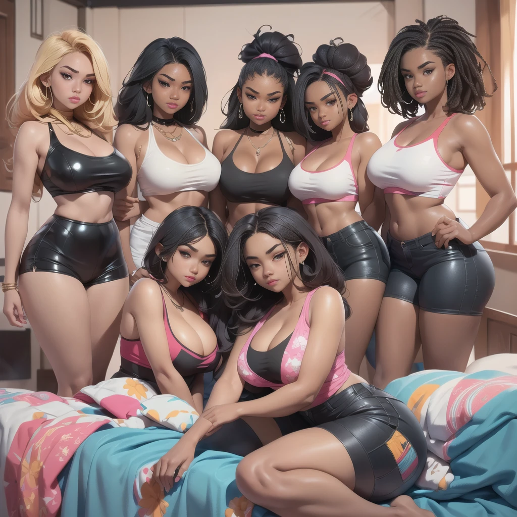 (A single black man laying on his back, in-bed wearing shorts, in-center of composition) A diverse group of five young adult Americans, representing different ethnicities and characteristics, wearing yoga-pants and tank-tops, displays their unique beauty with perfect bodies, large breasts, wide thicc-hips, Among them, there are blonde young adult girls with auburn hair, emanating an air of natural elegance. Brown young adult girls with silky locks and a captivating sheen show off their exotic beauty. Also present are black young adult girls with stunning curly hair, highlighting their authenticity and cultural pride, (the women surround a singular BLACK MAN with short-hair, from all sides) (in a bed) the women kiss the singular Black Man, touch the singular Black man, masterpiece, high details, high quality, best quality.