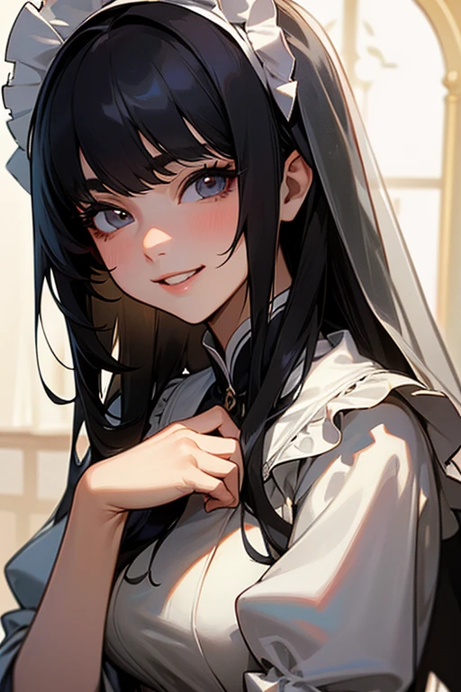 (Highest Resolution, clear_image) highest quality, Single person, One woman, alone, masterpiece, Very detailed, Semi-realistic, Black Hairのショートヘア, Black Hair, bangs, 18-year-old, mature, Wedding dress、Indoor Background, kind, Authoritative, Powerful, exquisite features, exquisite features、Eyelashes become longer、Showing teeth、smile😀、Maid clothes、woman&#39;Fingers in the、Sleeping on the sofa、Long Hair、Fluttering in the wind、