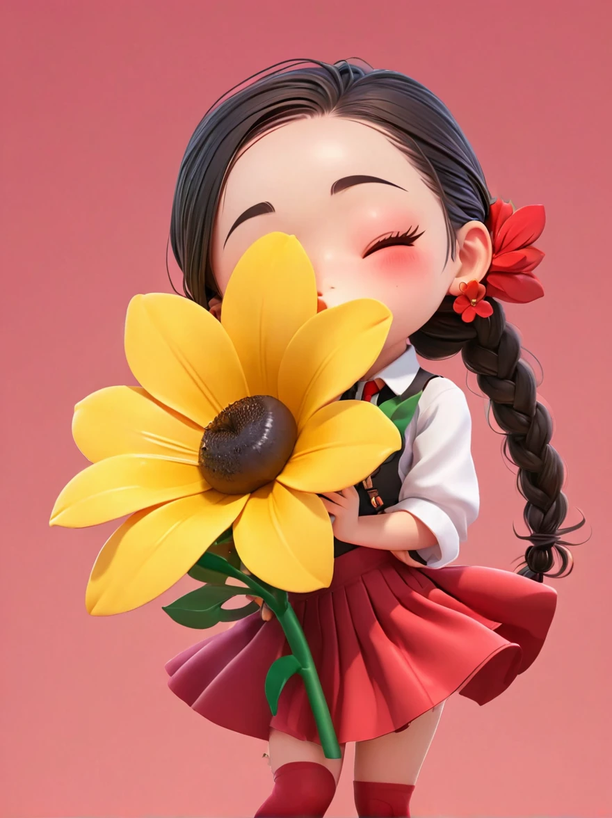 Cute  with long braids，Kissing in front of the camera，Wearing a skirt，Holding a huge flower，(Close one eye:1.3)，3D Rendering，Solid color background，specific，chibi anime，Surrealism, Cartoon Style, full-body shot, Super Detail, Anatomically correct, masterpiece, precise