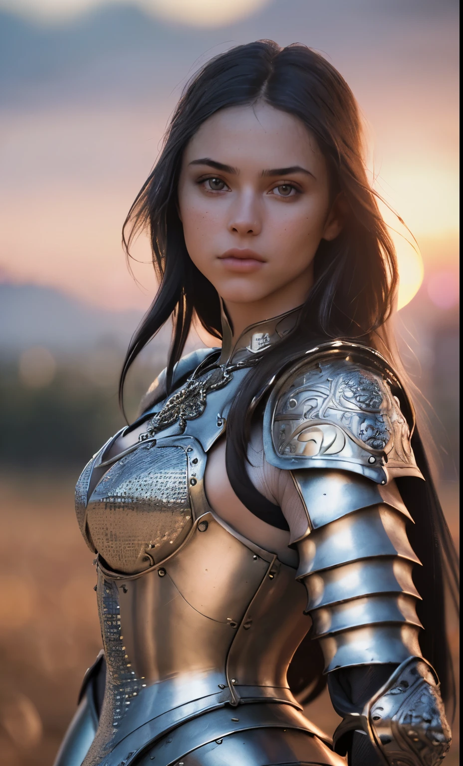 (masterpiece), (extremely intricate:1.3), (realistic), portrait of a girl, the most beautiful in the world, (medieval armor), metal reflections, upper body, outdoors, intense sunlight, far away castle, professional photograph of a stunning woman detailed, sharp focus, dramatic, award winning, cinematic lighting, octane render unreal engine, volumetrics dtx, (film grain, blurry background, blurry foreground, bokeh, depth of field, sunset, motion blur:1.3), chainmail