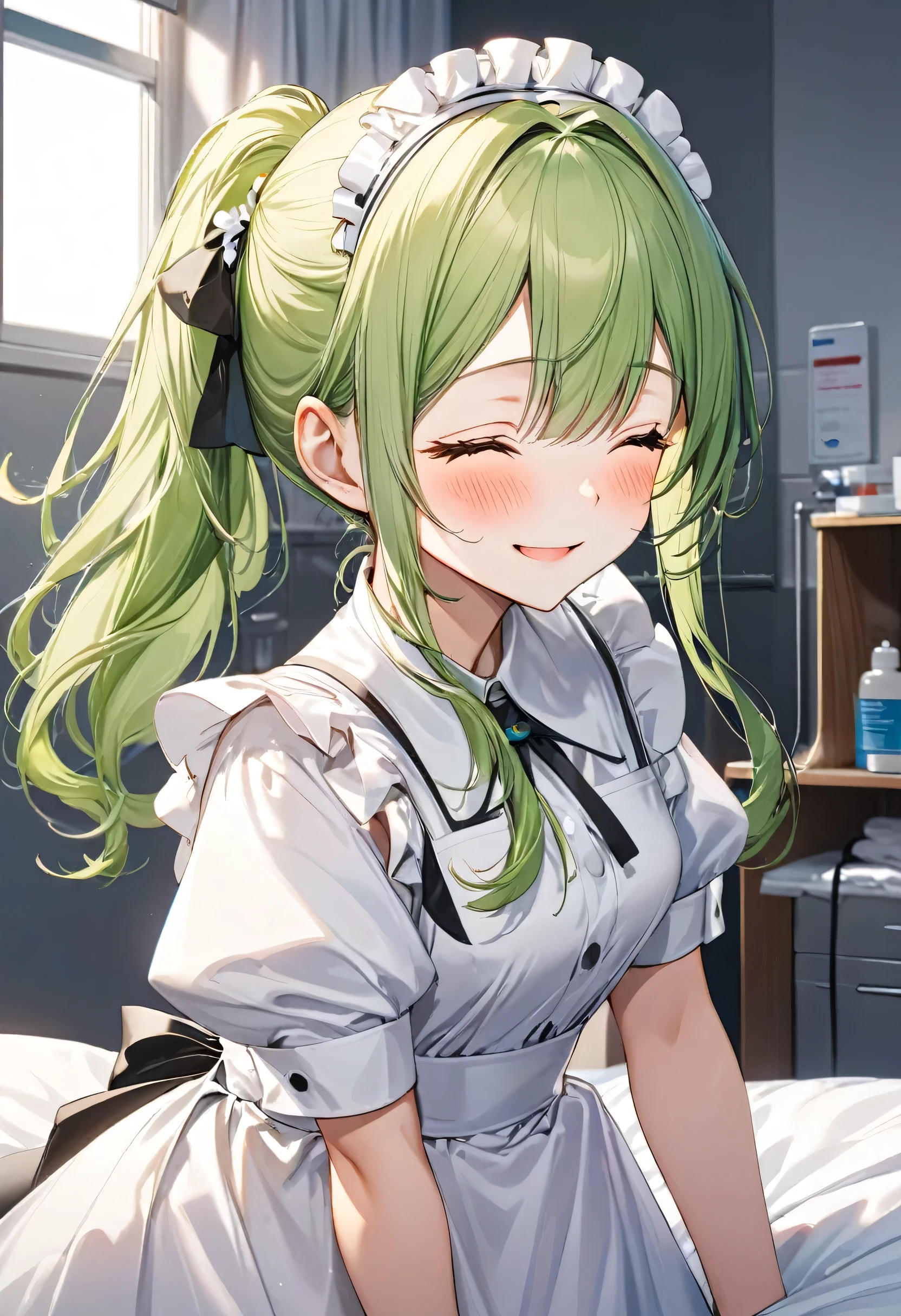 (in a cute maid clothes) (solo:2 ponytail green hair long hair lovely girl, love closed eyes, love:1.3 smile,15 yo, blushing), break, (standing in the hospital bedroom), BREAK, perfect anatomy, masterpiece, best quality, 16k, beautiful detailed darkness, daydreaming expression