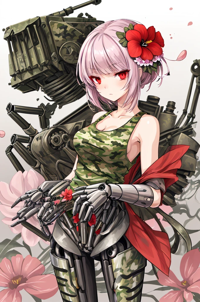 (((Flower Personification,mechanical))),woman,Red eyes,Tank top,camouflage