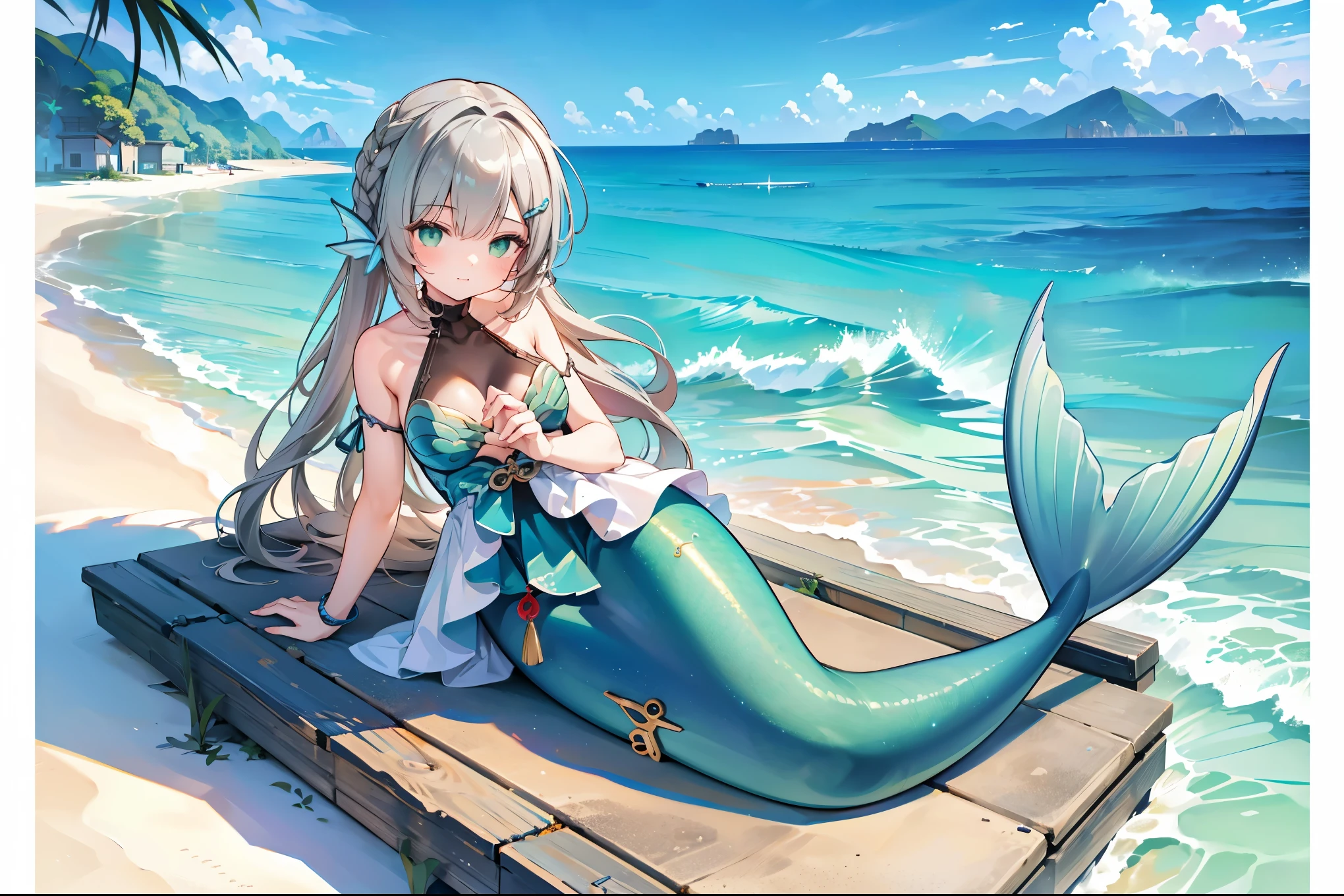 masterpiece, best quality,A girl,solo,qingque,bare shoulders,Large Breasts,Mermaid,绿色的Mermaid尾巴,full-body shot,lying on a beach,Sea view