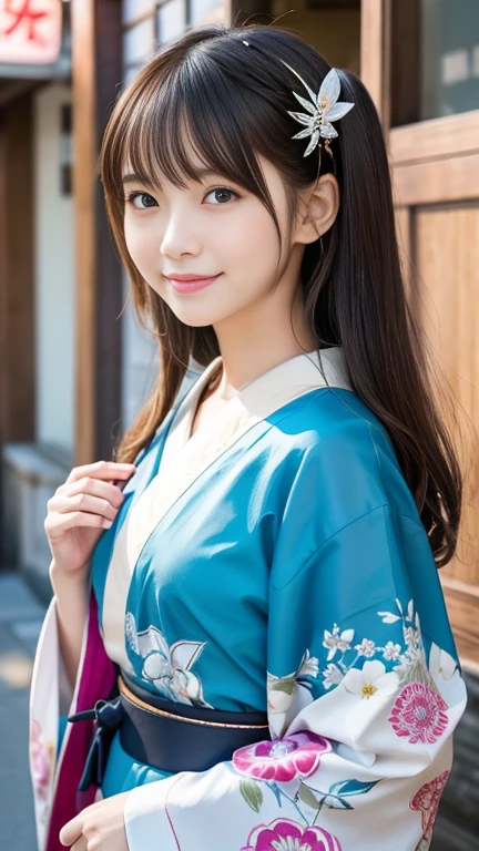highest quality、8k wallpaper、Reality:1.4、Photographed by a professional photographer、Cinema Lighting、View your viewers、background:Kyoto street corner、1 beautiful girl、Japanese Idol、19 years old、Beautifully detailed eyes、Detailed face、Beautiful Skin、Slender、Slim waist、Thin legs、Lip balm、Blonde: 1.8、Long Hair、Asymmetrical bangs、Hair decorated with elegant and delicate hairpins、Kimono with vibrant traditional patterns:1.2 、smile:1.5、