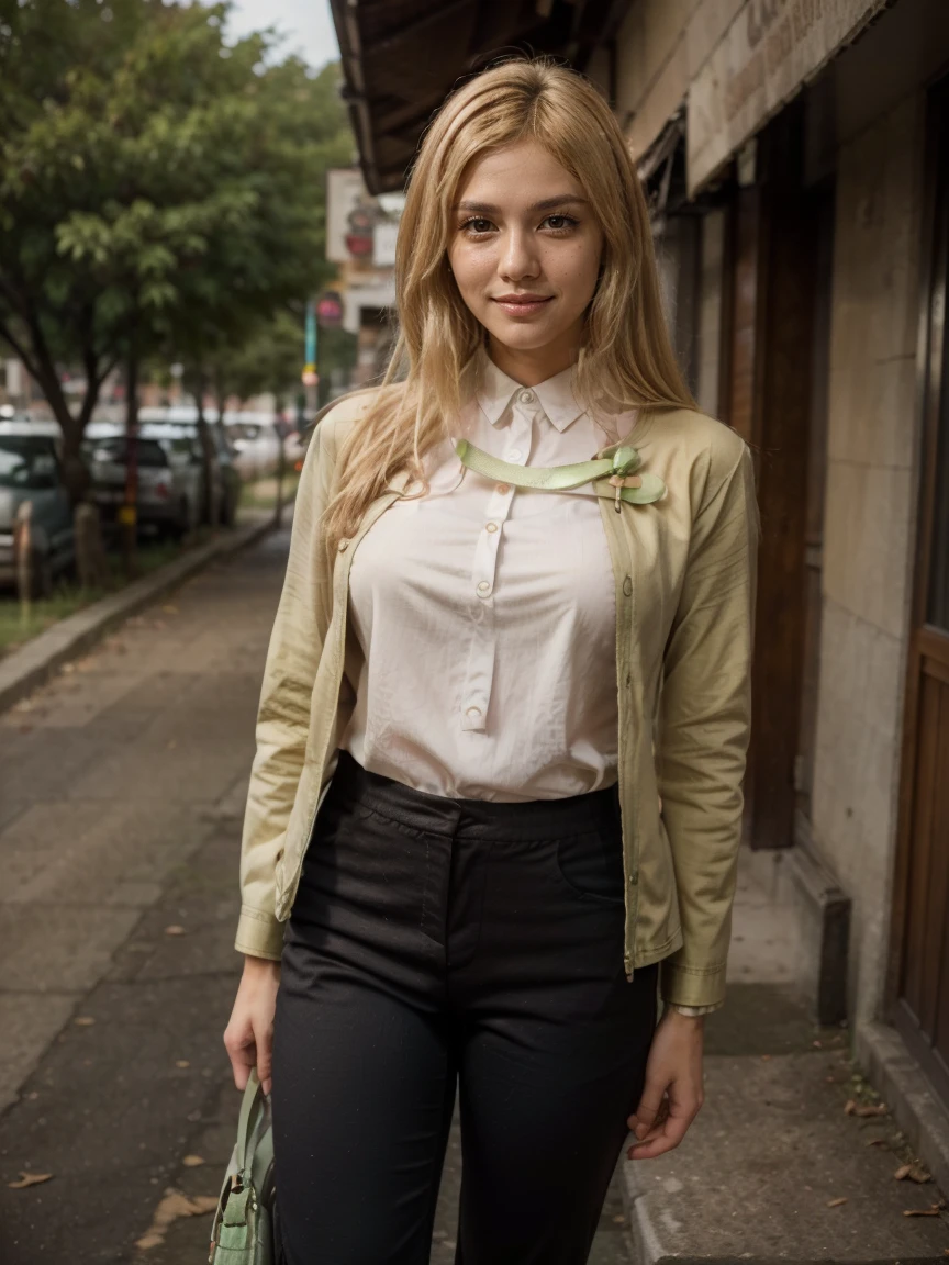 (1 lady), (Best quality at best:1.4), (ultra - detailed), (extremely detailed CG unified 16k), A Beautiful Woman with Perfect Figure: 1.4, Sharp Focus: 1.2, very detailed, High-definition RAW color photo, professional photoshooting, amazing face and eyes, cosmetics, (amazingly beautiful girl), ((Miyo)), ((ribbon, cross, pink blouse, green jacket, pants)), (look from down), realistic cinematic face, head to feet long wide zoomed out view, full body long view, photorealistic, ((realistic natural golden blonde hair style, yellowish eyes)), gorgeous, extremely beautiful face, perfect model beauty, pout mouth, mountain, ride bicycle, tree, nature, Highly Detailed Face and Skin Texture, Detailed Eyes, Double Eyelids, Medium big natural breasts, inexpressive face, western, (masterpiece), best quality, high resolution, extremely detailed, blurred background, depth of field, cinematic lighting, amazing legs, high heels, clear and well-cared skin,