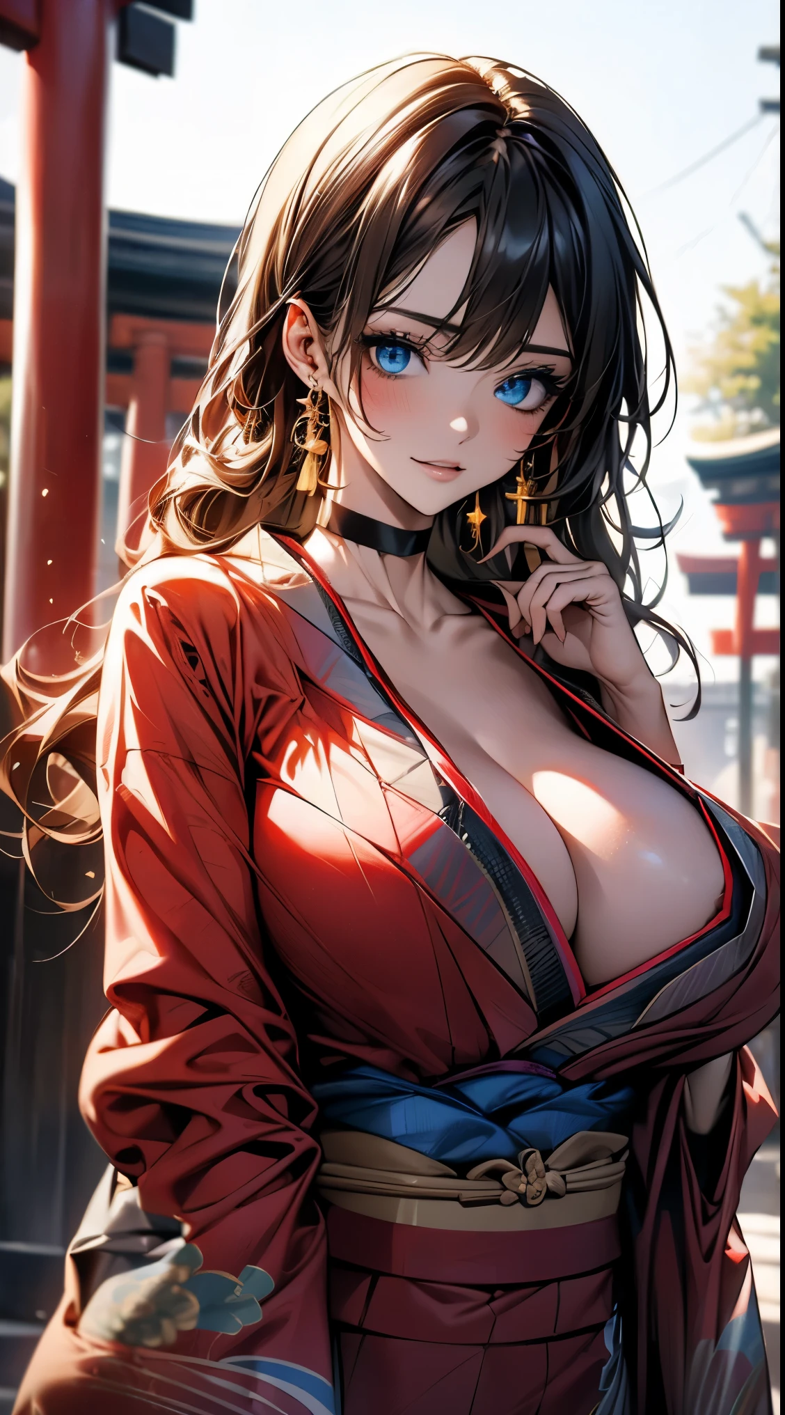 ((Light brown long hair:1.9, Wavy Hair:1.6, Asymmetrical Hair:1.8, Half Up Hair)), (Sparkling Blue Eyes:1.4)beautiful, beautiful woman, Perfect Anatomy, Perfect body, Perfect breasts, (huge Breasts:1.3), ((kimono:1.8, choker:1.6)), ((Japan gardens in winter:1.98, torii)), Captivating Gaze, smile, realism, masterpiece, Rough skin , Very detailed, High detail, high quality, 最high quality, 1080p, 16k ,cleavage,