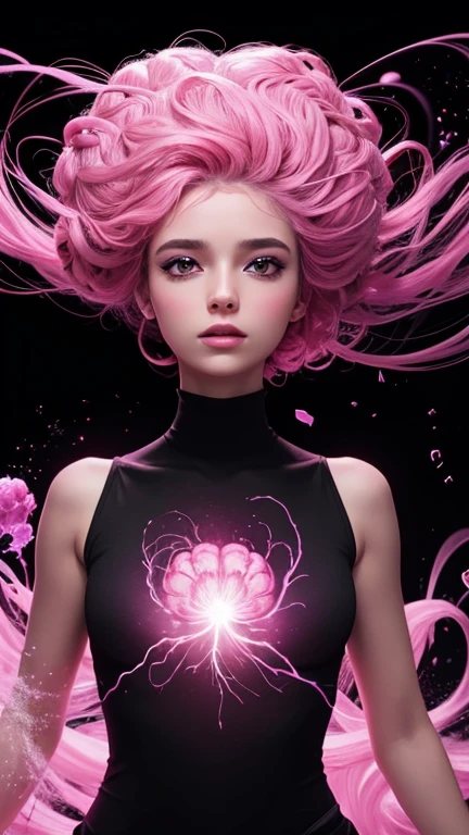 Create a video cover from a black background, where there is a brain that emerges a pink aura, com uma palavra chamada "Dopamina" escrito em caixa alta transparente
