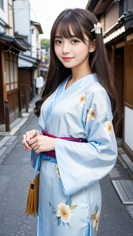 highest quality、8k wallpaper、Reality:1.4、Photographed by a professional photographer、Cinema Lighting、View your viewers、background:Kyoto street corner、1 beautiful girl、Japanese Idol、19 years old、Beautifully detailed eyes、Detailed face、Beautiful Skin、Slender、Slim waist、Thin legs、Lip balm、Blonde: 1.8、Long Hair、Asymmetrical bangs、Hair decorated with elegant and delicate hairpins、Kimono with vibrant traditional patterns:1.2 、smile:1.5、