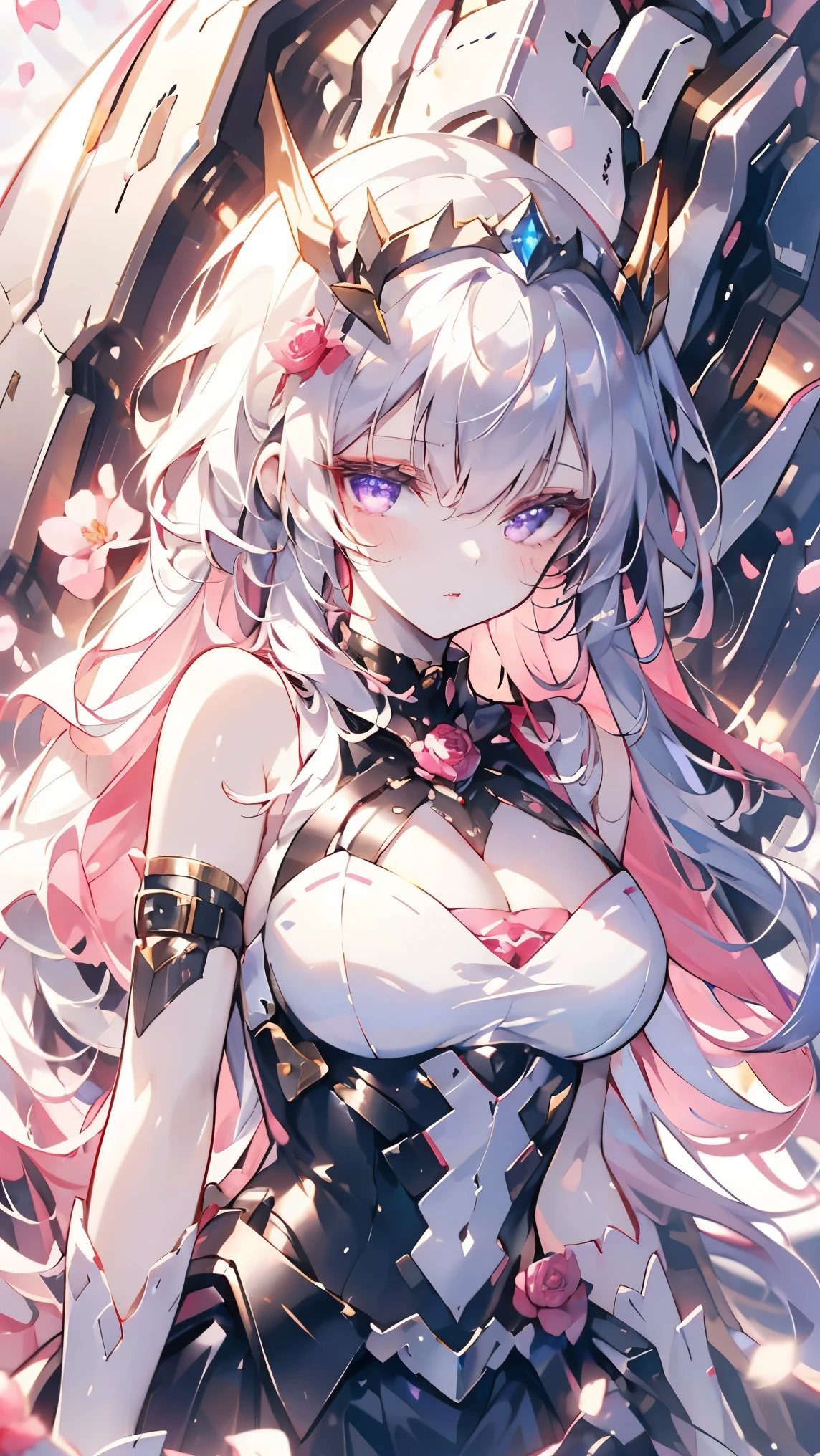 Black tiara with diamond in the middle、Thin body、Beautiful breasts、Red lipstick、Pale skin、Shiny purple eyes、The black dress、White ruffles on skirt、Black rose petals fluttering、high resolution、high quality、High Definition