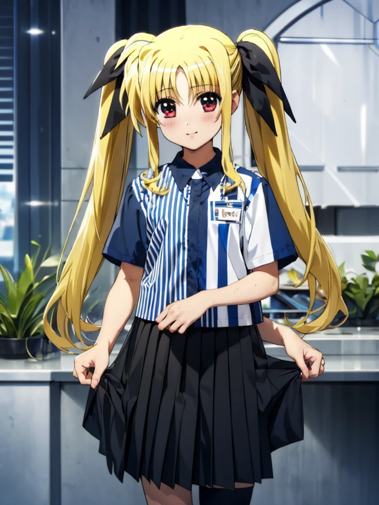 nsfw , Fate Testarossa , lyrical nanoha , (((highres official art))) , (((1girl))) , (((solo))) , (((blondehair))) , (((twintails))) , (((black ribbon))) , best quality, highres, 12yo, lawson uniform, employee uniform, shirt, name tag, short sleeves, striped shirt, striped, vertical-striped shirt, blue shirt, vertical stripes, alternate costume,(((lift skirt))), (((skirt hold))) , (((black thong))) 