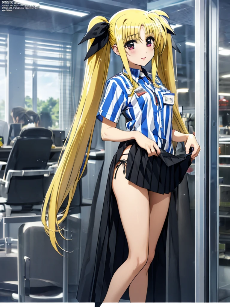 nsfw , Fate Testarossa , lyrical nanoha , (((highres official art))) , (((1girl))) , (((solo))) , (((blondehair))) , (((twintails))) , (((black ribbon))) , best quality, highres, yo, lawson uniform, employee uniform, shirt, name tag, short sleeves, striped shirt, striped, vertical-striped shirt, blue shirt, vertical stripes, alternate costume,(((lift skirt))), (((skirt hold))) , (((black thong))) 