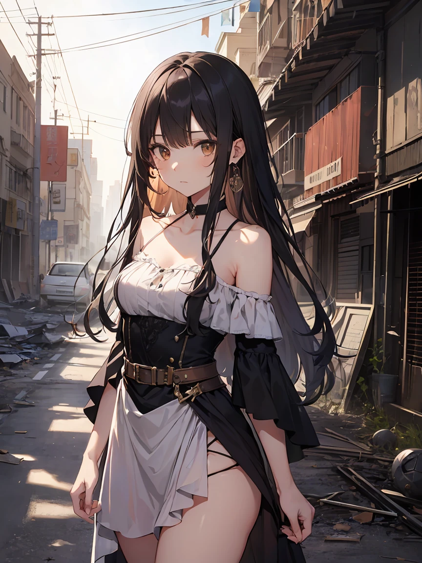 ((Absurd Absolute Solution, masterpiece,highest quality,Super detailed)), Beautifully detailed face, Fine grain, Worldview at the end of the century, One -yeld gi Perfect Fingers, Cute Face, Sad face, Brown eyes, Black Hair, Long Hair, Silver Armor, Gauntlet, ((Thighs, Off-the-shoulder dress, Sleeveless)),  layer, In an abandoned city, Dust rises, dim, Wear a sword on your waist, Arms crossed, upright