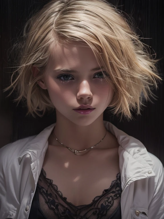 1 young girl, blonde hair, very small breasts, flat chested, shirtless, white bra, 18yo (best quality:1) , (masterpiece:1), (ultra detailed:1), photorealism, upper body, (looking at viewer:1.1), (indoors, night, darkness, dark room:1.2) side on, short hair, choker, atmospheric lighting, moody and gritty, low key lighting