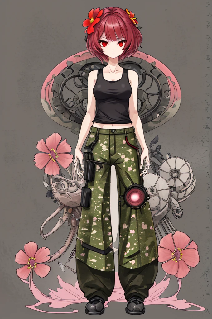 (((Flower Personification,mechanical))),woman,Red eyes,Tank top,Wide-leg trousers,camouflage