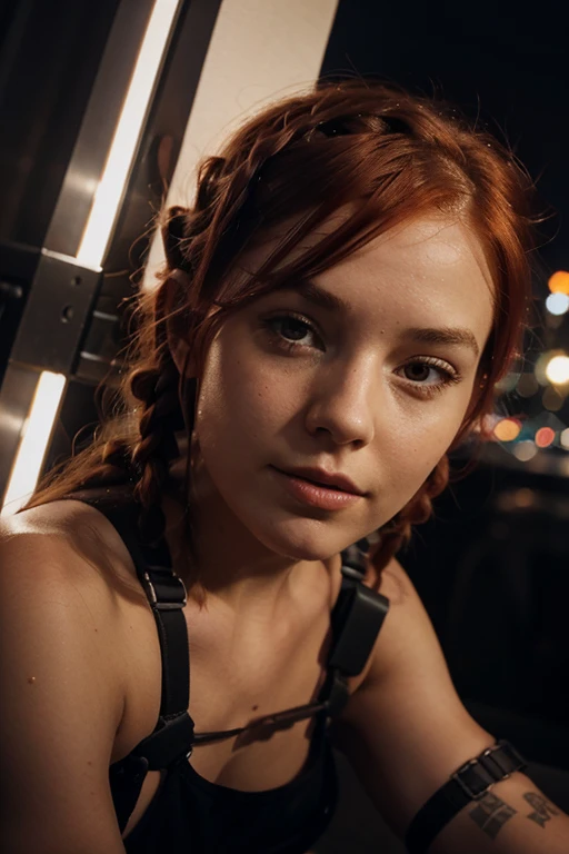 naked girl, red hair, small Tits, harness, close-up, night, city, bottom view, braids, kokoshnik