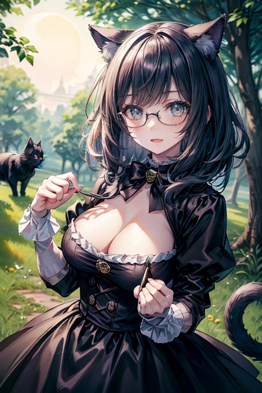 (best quality,4k,8k,highres,masterpiece:1.2),ultra-detailed,realistic:1.37,black dog,werewolf,heterochromia,puterier,cat woman,braces,glasses,affectionate,playful,moonlit night,cobblestone street,mysterious atmosphere,dark shadows,enchanted forest,full moon,mesmerizing eyes,handsome features,elegant fur,strong jaws,expressive ears,friendly wagging tail,cute button nose,strong bond,loving gaze,colorful collar,neighborhood park,natural backdrop,vivid colors,dappled sunlight,gentle breeze,lush greenery,whispering leaves,cat woman's graceful pose,moonlit romance,silver moonlight,playful interaction,chasing fireflies,feline grace,gentle eyes,sparkling braces,nerdy glasses,carefree laughter,flourishing love,perfect harmony