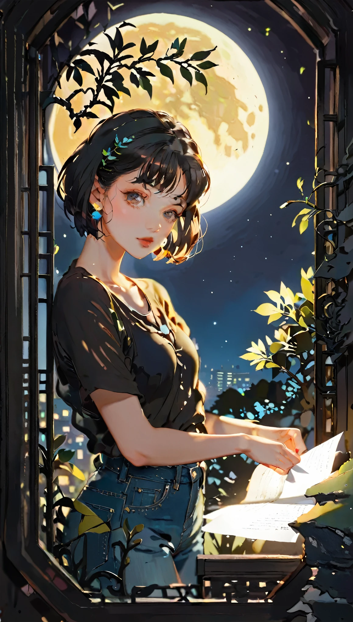 (((paper cutting style))), 1 girl, short black short hair, bob, shirts and denim, portfolio, full moon illuminating the background