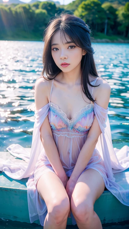 8K ultra hd, masterpiece, a girl, beautiful face, detailed eyes, detailed lip, very long hair, sheer robe dress, mixed color sexy robe dress, transparent robe, high light, sunny weather, blur effect, sitting on the water,