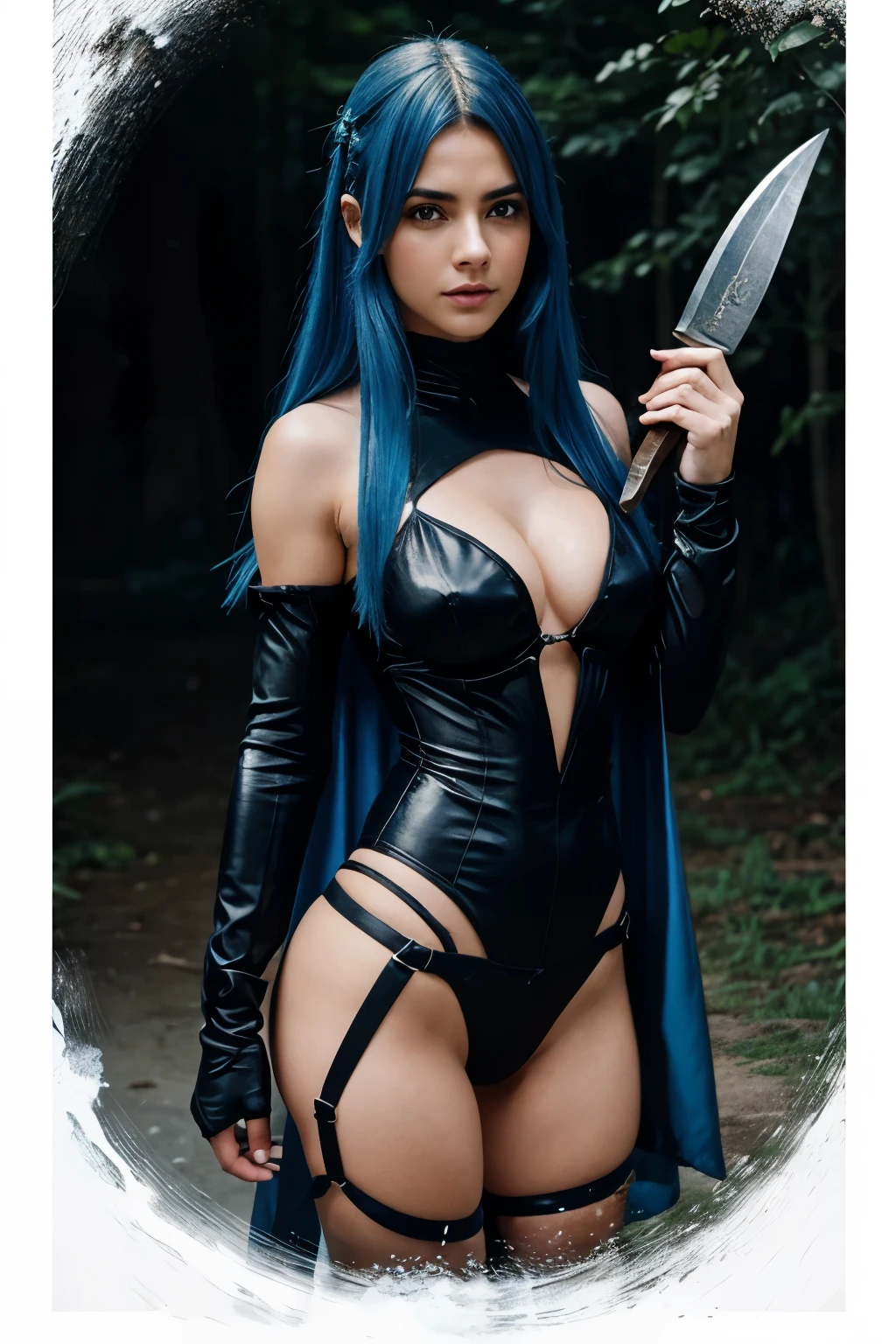 uma mulher. metade raposa. beautiful-looking
. roupas escuras largas medieval com capuz rasgadas. using a dagger in hand and melee weapons. cabelos azul escuro. olhos cianos. serious face. estilo anime corpo inteiro. com a perna estancado de um sangramento, a cara toda ralada, que foi num pantano