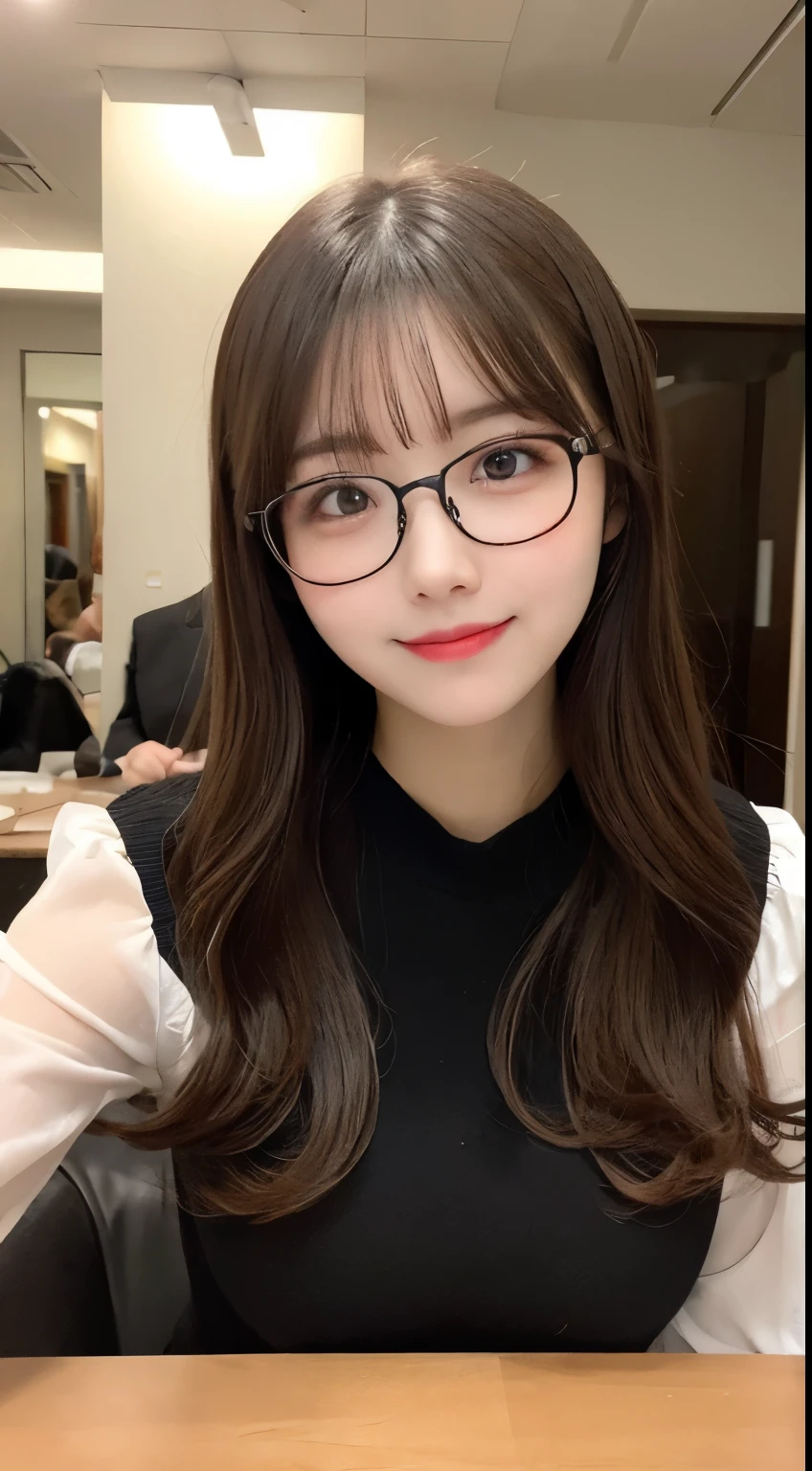 Tabletop, highest quality, shape, Very detailed, finely, High resolution, 8k wallpaper, 完璧なダイナミックな構shape, Beautiful and exquisite,ランダムなcute髪,,Natural color lip, Bold sexy pose,smile、20-year-old girl、cute、Looking into the camera,Always blur the background,Perfect and beautiful face,Slim face and figure,Big eyes、Putting on gal makeup,Small face,Shooting from below、Blurred Background,Elegant feminine face、smile、Actual Photos、Adult ta Fashion,Glasses