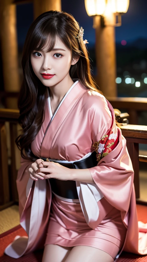 (8k、RAW Photos、highest quality、masterpiece:1.2)、(Realistic、Realistic)、detailed、Japanese、Attractive beauty、Attractive adult woman、Beautiful woman、Sharp Eye、Cool girl、Wavy Hair、Swept-apart bangs、Gorgeous kimono、Maiko、Shining beautiful legs、lipstick、Lip gloss、Heavy makeup、Grin、evilな表情、evil、Hollow Eyes,Half-closed eyes、Hollow Eyes、evil、Night Room、Church at night、vampire、Succubus、vampire、Swear allegiance、Are standing