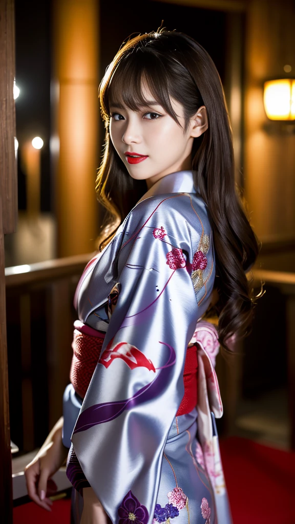 (8k、RAW Photos、highest quality、masterpiece:1.2)、(Realistic、Realistic)、detailed、Japanese、Attractive beauty、Attractive adult woman、Beautiful woman、Sharp Eye、Cool girl、Wavy Hair、Swept-apart bangs、Gorgeous kimono、Maiko、Shining beautiful legs、lipstick、Lip gloss、Heavy makeup、Grin、evilな表情、evil、Hollow Eyes,Half-closed eyes、Hollow Eyes、evil、Night Room、Church at night、vampire、Succubus、vampire、Swear allegiance、Are standing