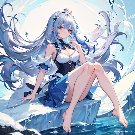From the water goddess, stand in the water, wear a purple and black dress., the whole body, a lot of details in water, ultra details im water, 8k, masterpiece