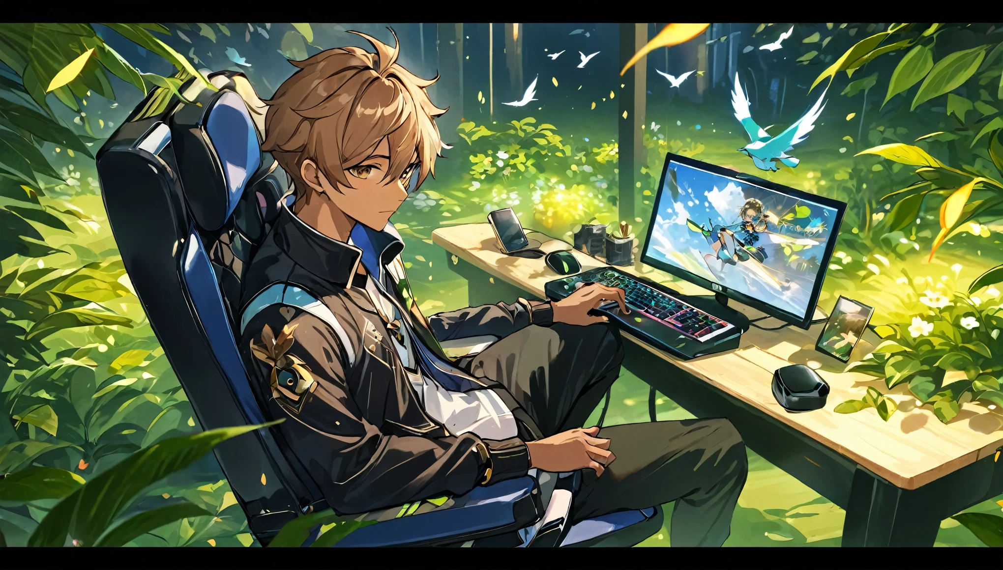 Anime - Stylish image of a men sitting on a gaming chair and playing computer games, Men with tan skin, nightcore, Official artwork, hq artwork, vocaloid, hololive, 2d art cover, From Arknights, An anime cover, 8K!, 2 d anime style, hack, Best anime 4k road to travel wallpaper ,genshin impact perssonage, There were leaves and birds flying all around, Flowers flutter around in circles