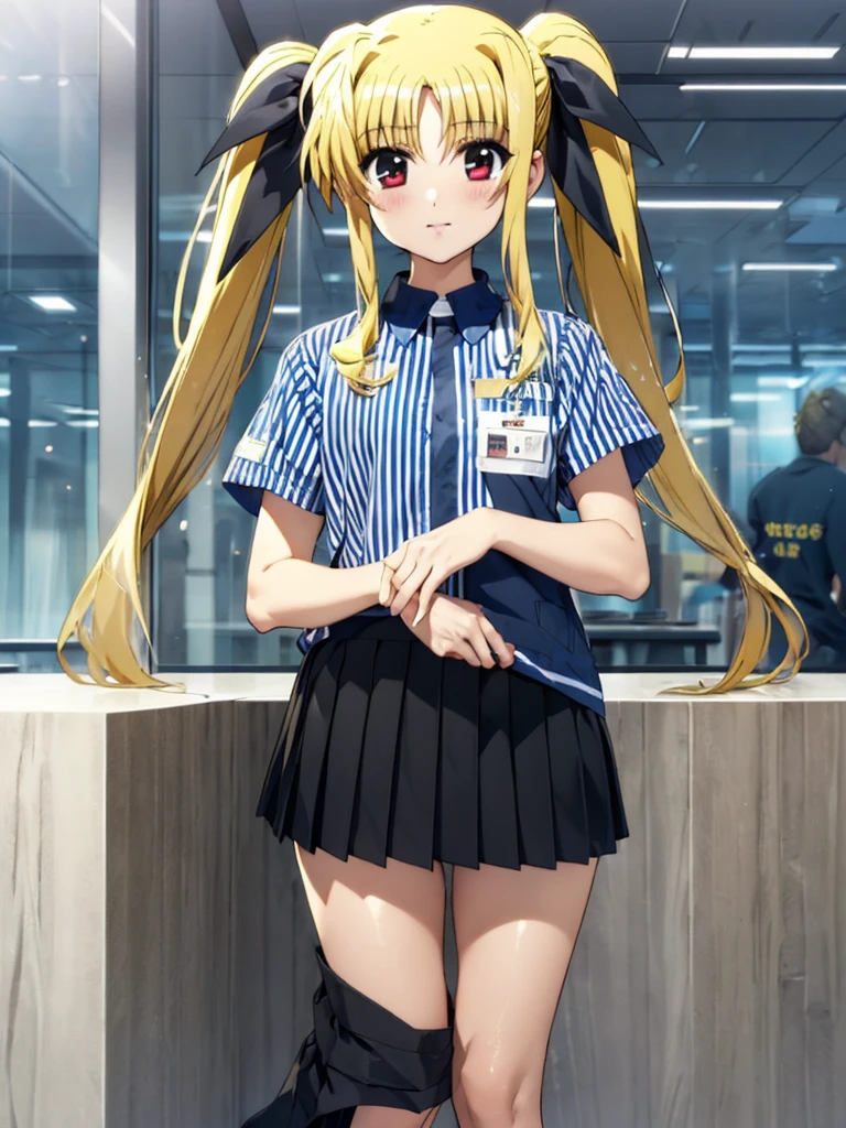 nsfw , Fate Testarossa , lyrical nanoha , (((highres official art))) , (((1girl))) , (((solo))) , (((blondehair))) , (((twintails))) , (((black ribbon))) , best quality, highres, 12yo, lawson uniform, employee uniform, shirt, name tag, short sleeves, striped shirt, striped, vertical-striped shirt, blue shirt, vertical stripes, alternate costume,(((lift skirt))), (((skirt hold))) , (((black thong))) 