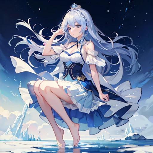 masterpiece,best quality,a girl,Solitary,Cold,Blue Skirt,Princess,noble,indifferent,There was a trace of sadness in his eyes,Breast cleavage,barefoot,Blue and white gradient hair,Floating on snow-covered water,crown