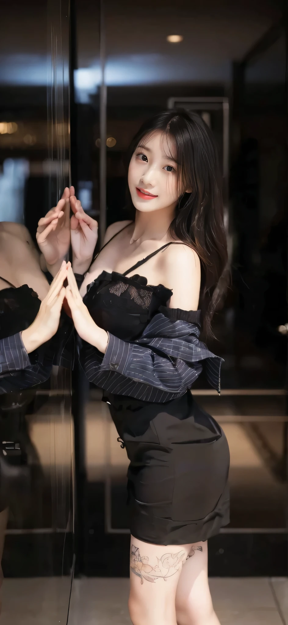 (((masterpiece:1.4, Best Quality:1.4, 8K, ultra high res, Physically Based Rendering))), Portrait, perfect style body, ultra Beautiful Sexy Japanese Woman, 24yo, Detailed large eyes, detailed thin eyebrows, Highlights in the eyes, kpop makeup, red lipstick, light brown ultra long hairhalf updo hair, spread hair, Slender beauty:1.4, ((gigantic breasts:1.6, sideboob, erect beautiful nipples)), breasts exposed, Slim abs, narrow waist, (smile:1.2), ((tight black mini dress, halterneck, sleeveless)), (pleated miniskirt), (skirt lift:1.6), slim and long beauty legs, spread legs wide, (white high thigh stockings), (no panties, beautiful pussy exposed, spread pussy:1.5, cum in pussy, pubic hair:1.4), (from below:1.5), backlit, night view:1.4, (pussy:1.8), IU face,(breast out, exposed tits,tits out:1.3), wind blow flying long skirt, (do not wear underwear:1.5), necklace, long big earrings,(jewelry headwear:1.3)