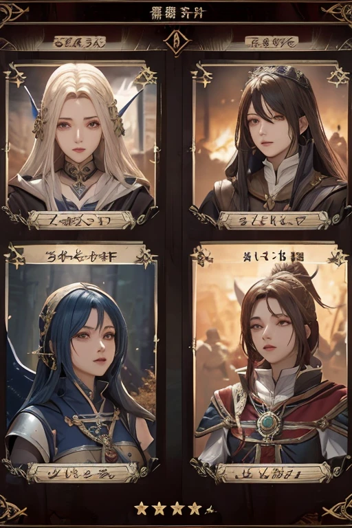 aScreenshot with a bunch of characters on the screen，Characters side by side，Character Portraits，Baroque，Character selection screen，8k character details，In-game graphics，full character，Gothic antique theme，Highly detailed characters，ability image，entire character！Characters side by side， Computer games with user interface，Game character head design adjustment ID card selection game professional warrior mage priest archer ranger knight shield warrior hunter summoner beast trainer priest nurse dancer herbalist shaman druid chef ninja