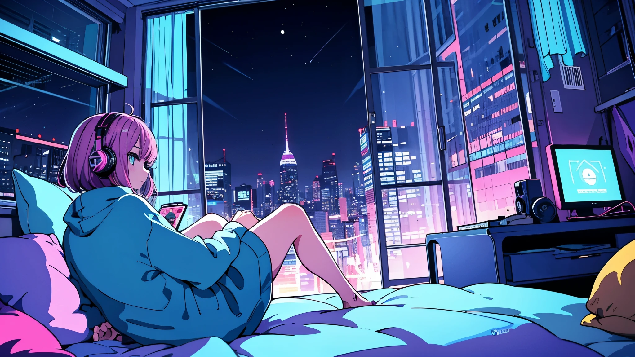 Ultra wide angle, (from behind), Girl listening to music with headphones on bed, anime girl, Girl listening to music in a cozy room (night), Using headphones, on the roof, (beautiful night views from windows), Lots of things, 2D anime style, The aesthetics of anime in the 90s, lo-fi, very detailed, hard disk, A mix of anime style and Fujifilm, surreal, 8K, masterpiece